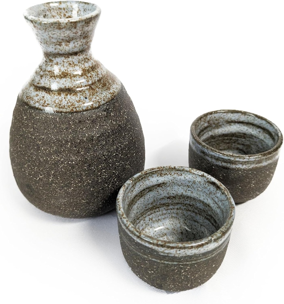 Sand Grey Design, Japanese Traditional Ceramic SAKE 3 items Set. 1 Bottle and 2 cups with a gift box. Made in Japan