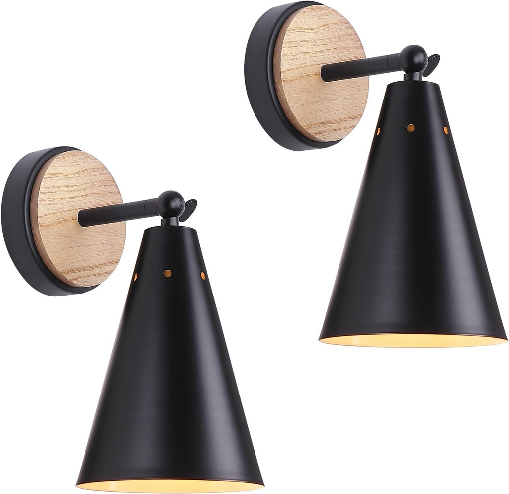 MWZ Rustic Farmhouse Black Metal and Wood Wall Sconce Adjustable Lamp，2 Pack,Rustic Wall Lighting Fixture for Bedroom, Living Room, Headboard, Garage, Porch
