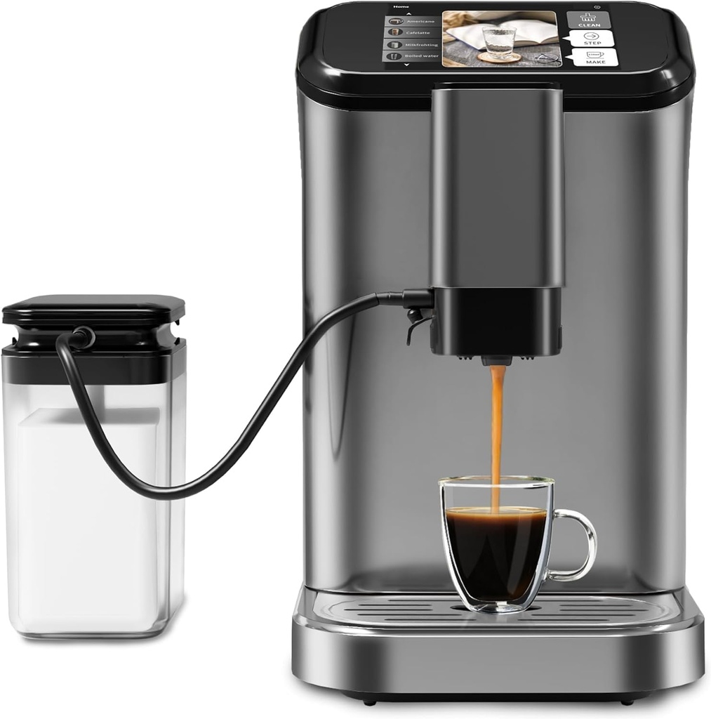 Coffee Machine, Espresso Machine with Milk Frother, Built-In Grinder, Auto-Cleaning, One-Touch Operation, 1.5l Water Tank, Fully Automatic Espresso Maker for Latte, Cappuccino, Macchiato, 1350W