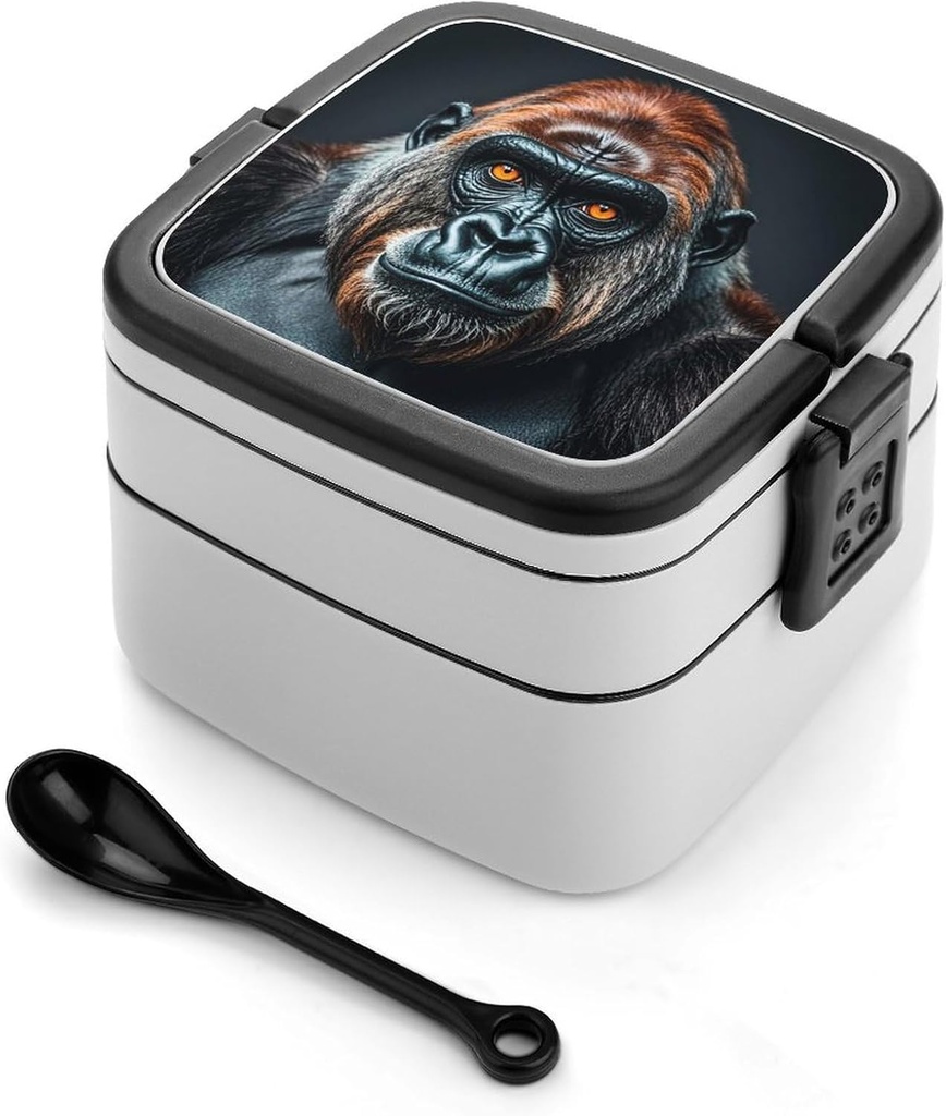 Stackable Double-Layer Bento Box A Gorilla Adults Lunchbox with Spoon Cute Japanese Bento Box Dishwasher Safe for Work Travel Dining Outc