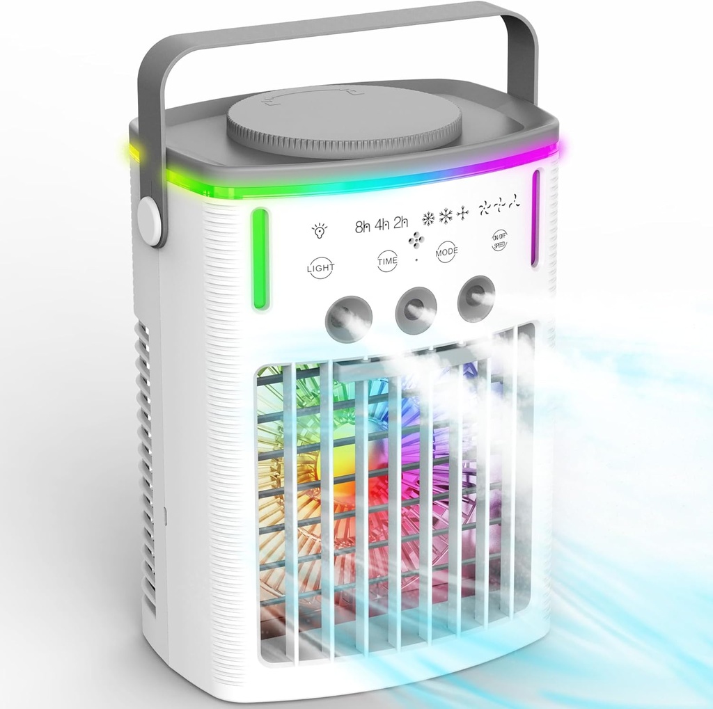 Portable Air Conditioners Fans, 4 in 1 Humidifier/Air Conditioner/Fan/Night Light, 3 Wind Speed & Spray, 2-8H Timer, Personal Mini Evaporative Air Cooling Fan with Remote, for Home/Office/Bedroom