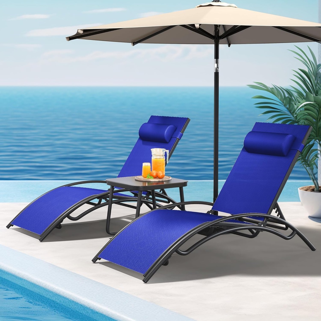 YITAHOME Outdoor Chaise Lounge Chair Set of 3, Pool Lounge Chairs with Side Table & 5-Position Adjustable Backrest, Sunbathing Recliner for Poolside, Backyard, Lawn, Deck - Navy