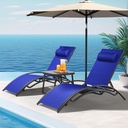 YITAHOME Outdoor Chaise Lounge Chair Set of 3, Pool Lounge Chairs with Side Table & 5-Position Adjustable Backrest, Sunbathing Recliner for Poolside, Backyard, Lawn, Deck - Navy
