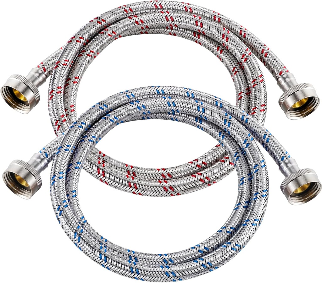 4 Ft Washing Machine Hoses, Premium Stainless Steel Washer Hoses Burst Proof 2 Packs, Hot and Cold Striped Water Supply Hoses for ALL Washing Machine