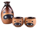Mino Ware Traditional Japanese Sake Set, Tokkuri Bottle and 2 Ochoko Cups, Tanuki Japanesr Racoon Dog