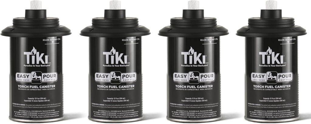 TIKI Torch Replacement Canister Set of 4 – Refillable Metal Torch Fuel Canisters with Easy Pour System, 12 oz – Weather-Resistant Outdoor Lighting Accessories for Patio, Garden & Deck