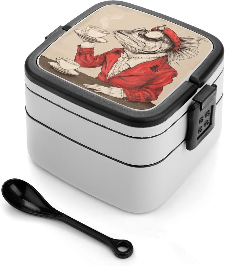 Humanized Fish Painting Bento Box Adult Lunch Box All-in-One Lunch Containers with Removable Compartments Double Layer Bento Lunch Box with Spoon And Handle Stackable Lunchbox