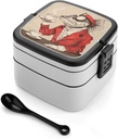 Humanized Fish Painting Bento Box Adult Lunch Box All-in-One Lunch Containers with Removable Compartments Double Layer Bento Lunch Box with Spoon And Handle Stackable Lunchbox