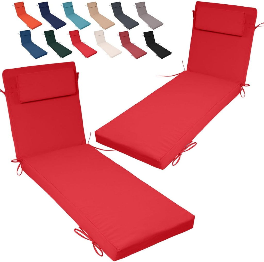2 Pack Chaise Lounge Cushions with Ties and Pillow, 72 X 21 X 3.1IN, Reversible, Water-Resistant, Outdoor Foam Patio Lounge Chair Cushion, Patio Furniture Cushions for Lawn, Pool,red