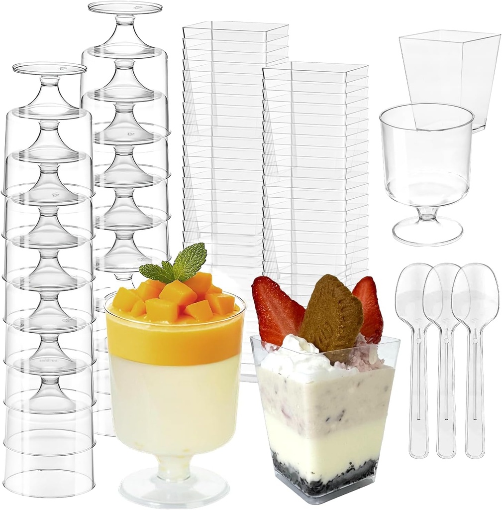 200 Pcs 5 oz Plastic Dessert Cup Set, 50 Disposable Clear Parfait Appetizer Shooter Cups 50 Goblet Glasses 100 Spoons, Party Serving Bowl for Tasting Yogurt Mousse Ice Cream Pudding Fruit Trifle