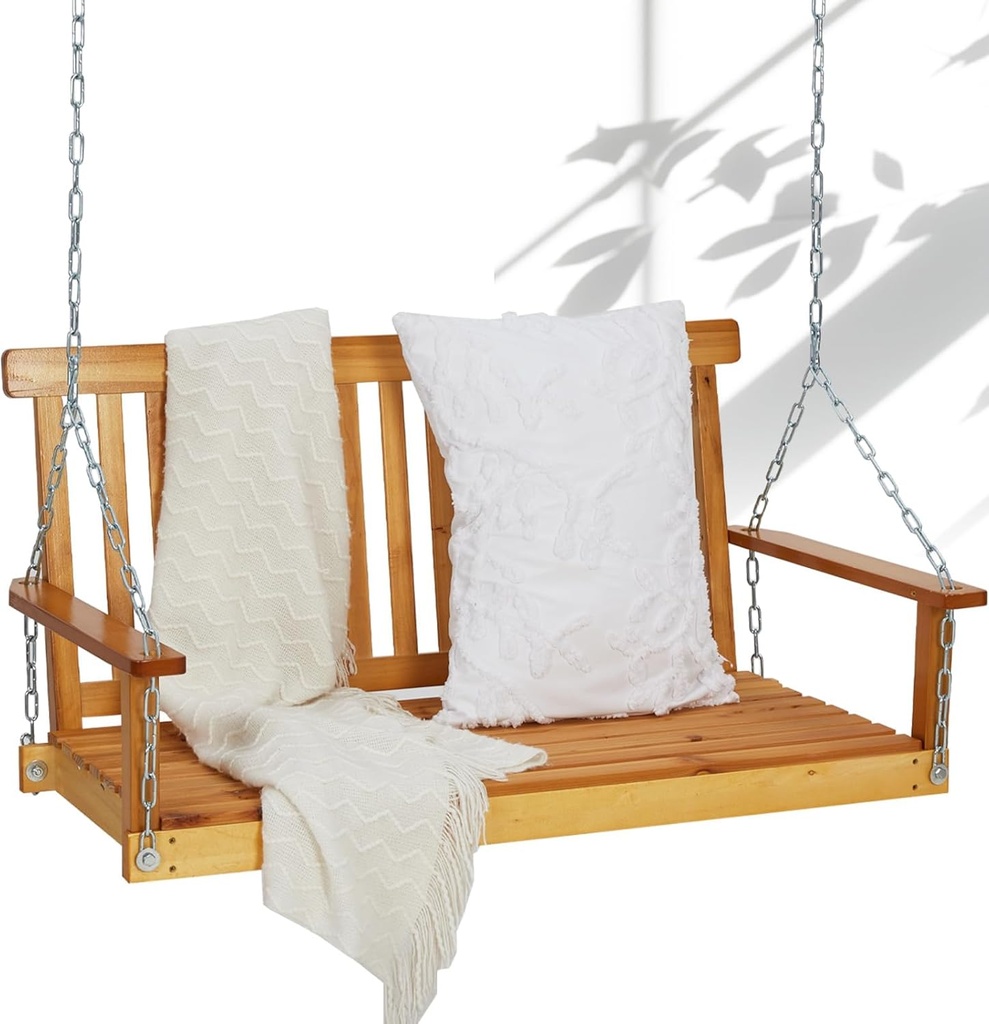 Wood Porch Swing Outdoor Patio Hanging Bench Chair Furniture for Deck Garden Yard with Mounting Chains and 440lb Weight Capacity