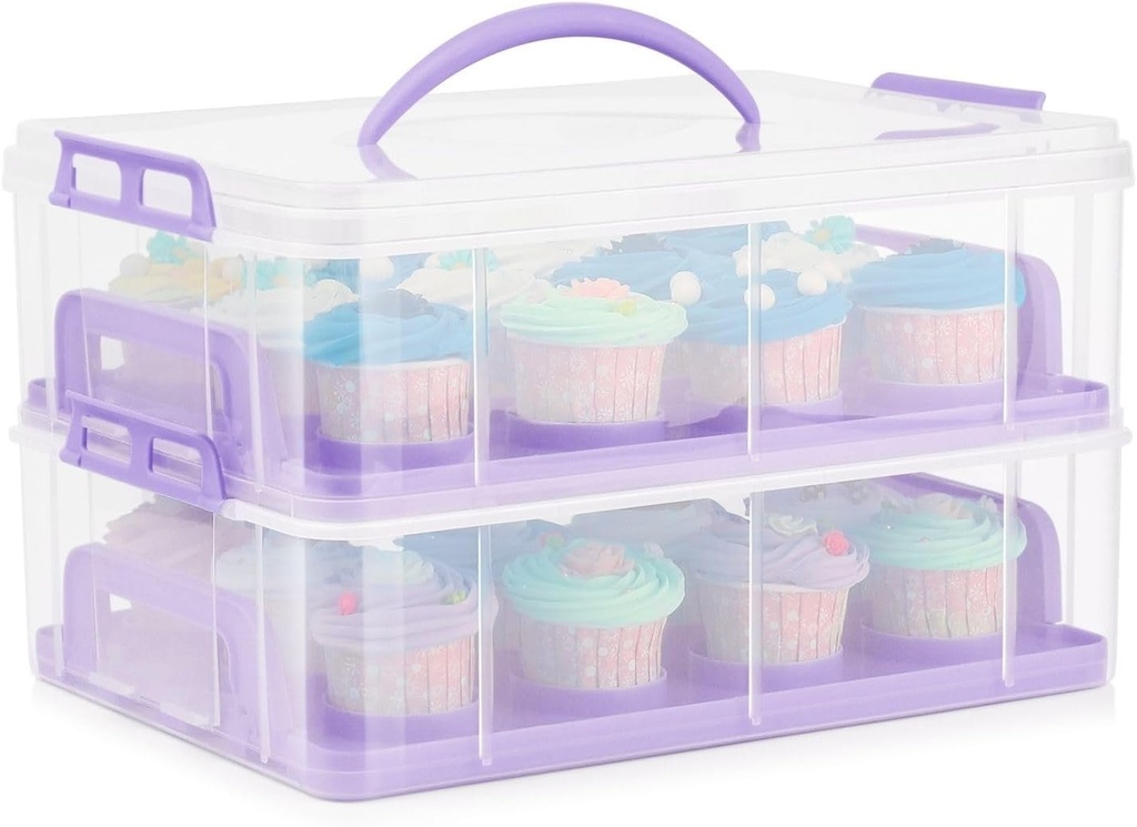 Flexzion Cupcake Carrier, Cupcake Holder for 24 Cupcakes, Portable and Reusable Rectangular Cake Carrier with Lid and Handle, 2 Tier Stackable Layer Insert (Purple)