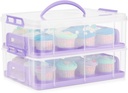 Flexzion Cupcake Carrier, Cupcake Holder for 24 Cupcakes, Portable and Reusable Rectangular Cake Carrier with Lid and Handle, 2 Tier Stackable Layer Insert (Purple)