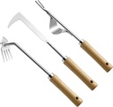 3pc Hand Weeder Tool Set - L-Shaped Crack Weeder, V-Shaped Gardenia Uprooter Tool & 4-Claw Weed Hoes - Stainless Steel & Beech for Deep Roots, Cracks, Lawns, Garden