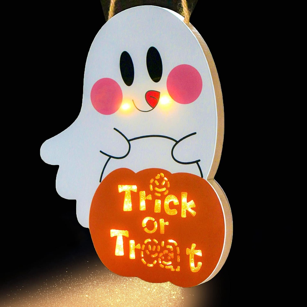 DERAYEE Halloween Door Sign with Light, Haing Ghost Door Decor LED Trick or Treat Hanger Wreath Halloween Outdoor Indoor Decorations