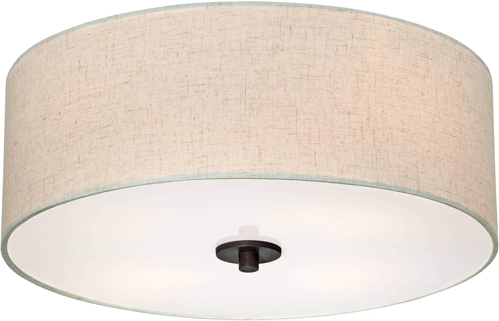 Regency Hill Sylvan Modern Ceiling Light Flush-Mount Fixture 18" Wide Bronze 4-Light Oatmeal Fabric Drum Shade for Bedroom Kitchen Living Room Hallway Dining Bathroom Schoolhouse House