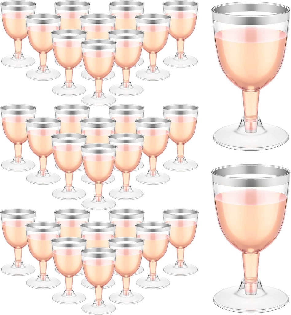 Thenshop 50 Pack 5 oz Plastic Champagne Flutes Clear Disposable Wine Glasses Cups with Stem Reusable Goblets Shatterproof Cocktail Cups for Mother's Day Wedding Party Holiday Dessert(Silver Rim)