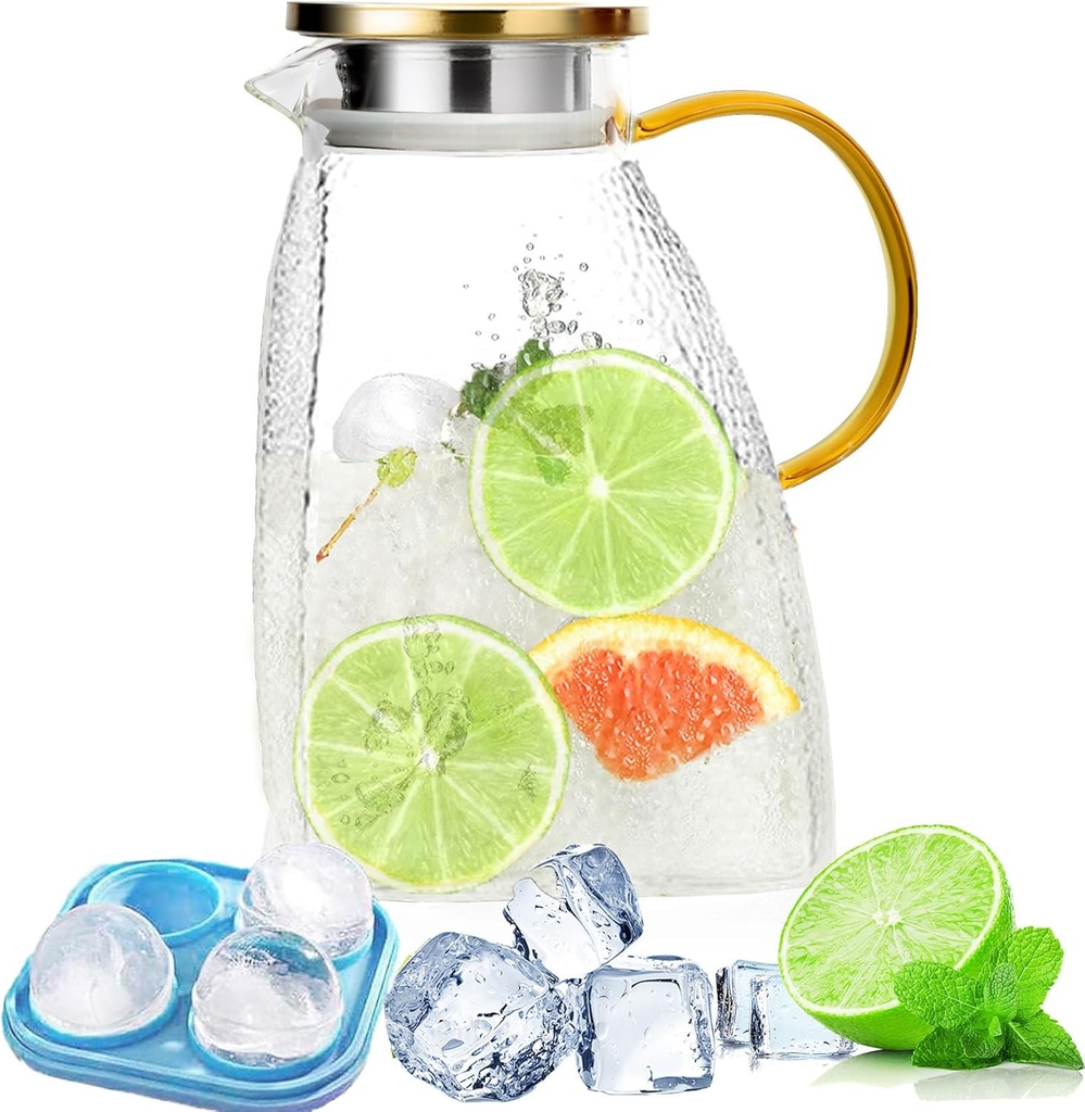 Glass Pitcher With Lid, 60oz/18.L Glass Water Pitchers with Handle and Ice Cube Mold, Heat Resistant Borosilicate Glass Jug Pitchers, Carafe Jar Jug for Fridge, Hot/Cold Water,Tea,Juice,Coffee