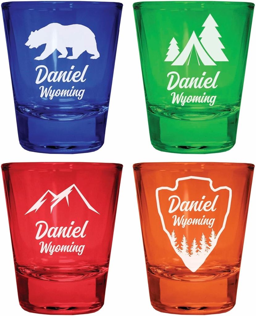 Daniel Wyoming Souvenir 4-Pack Multicolor Engraved Round Shot Glasses Camping and Outdoors Set