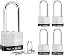 Keyed Padlocks, Laminated Steel Padlock, Keyed Alike Locks with Same Keys, Long Shackle, PE Plastic Hoop, The Lead Content of This Pad Lock complies with CA65, 5 Pack