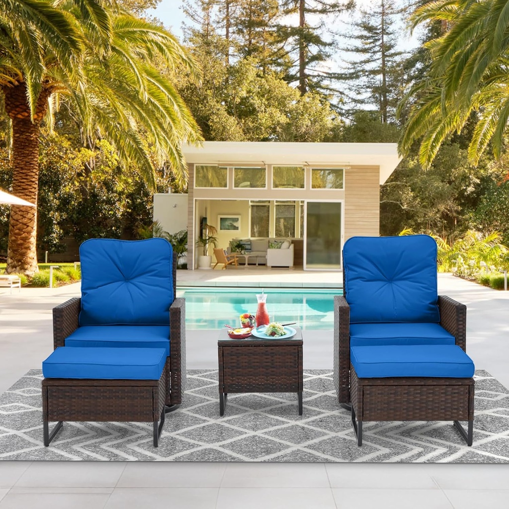 AVAWING 5 Piece Wicker Swivel Rocker, Patio Glider Chairs with Ottoman & Tempered Glass Side Table, Outdoor Conversation Set for Backyard, Garden and Poolside(Blue)