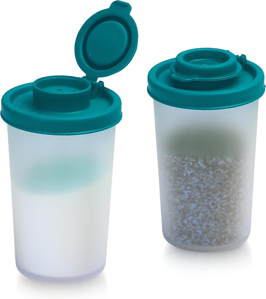 SIGNORAWARE Salt and Pepper Shakers Moisture Proof Set of 2 Large Salt Shaker to go Camping Picnic Outdoors Kitchen Lunch Boxes Travel Spice Set Clear with Teal Covers Lids Plastic Airtight Dispenser