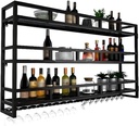 Wine Bottle Holder with LED Light,Modern Metal Wall Mounted Wine Rack,Industrial Wine Storage,Bottle Rack for Kitchen,Cellar,Home,Three Layer Bar Shelf,80CM