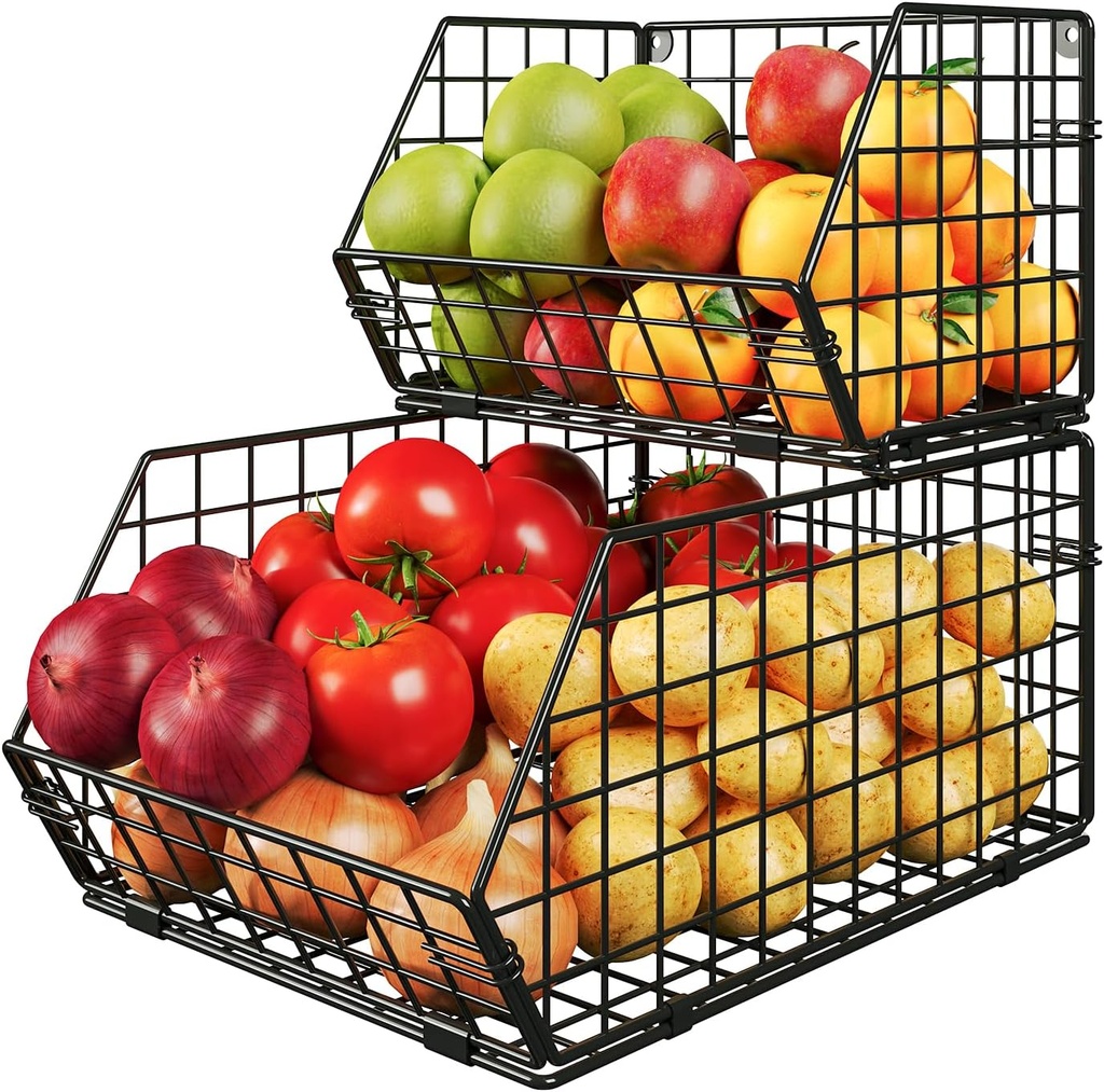 2 Tier Stackable Wire Basket-Kitchen Counter, Pantry Organization and Storage - Cabinet, Countertop Space Saving Organizing - Produce, Fruit, Vegetable,Onion, Potato, Bread Organizer Bin