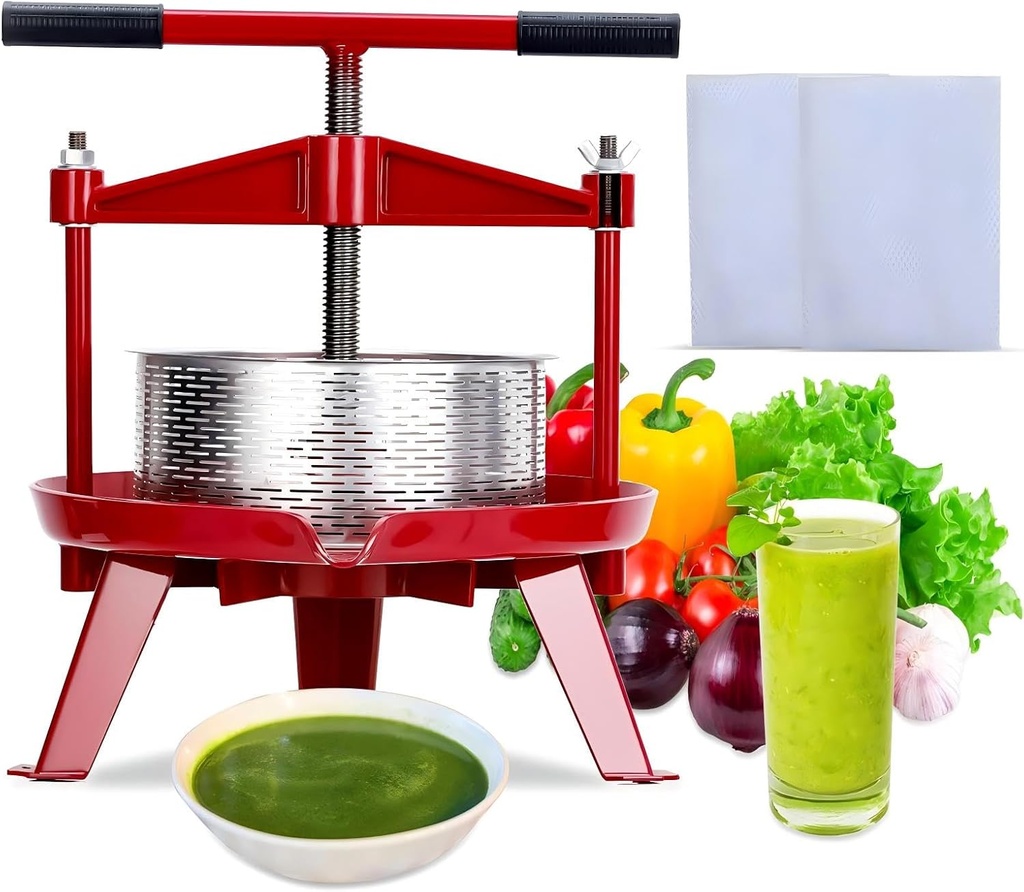 1.32 Gallon (5L) Stainless Steel Manual Fruit Wine Press - Multi-Purpose Press for Cider, Honey, Olive Oil & Vegetables - Ergonomic T-Handle & Stable Triangular Base - Indoor/Outdoor Kitchen Use