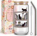 Black Cat Bookish Coffee Glass Cup Gifts for Women Mom Friends Cat Lover Writer,16oz Book Themed Cute Drinking Cup with Lids Straws,Book Lover Gifts for Birthday Christmas Thanksgiving Mother day-53