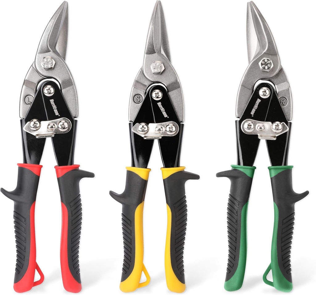 HURRICANE 3 pc Aviation Tin Snips Set, Metal Cutter Shears for Cutting Sheet Metal, Chrome Vanadium Steel, Straight Left and Right Aviation Snips, with Ergonomical TyreGrip Handle and Safety Latch