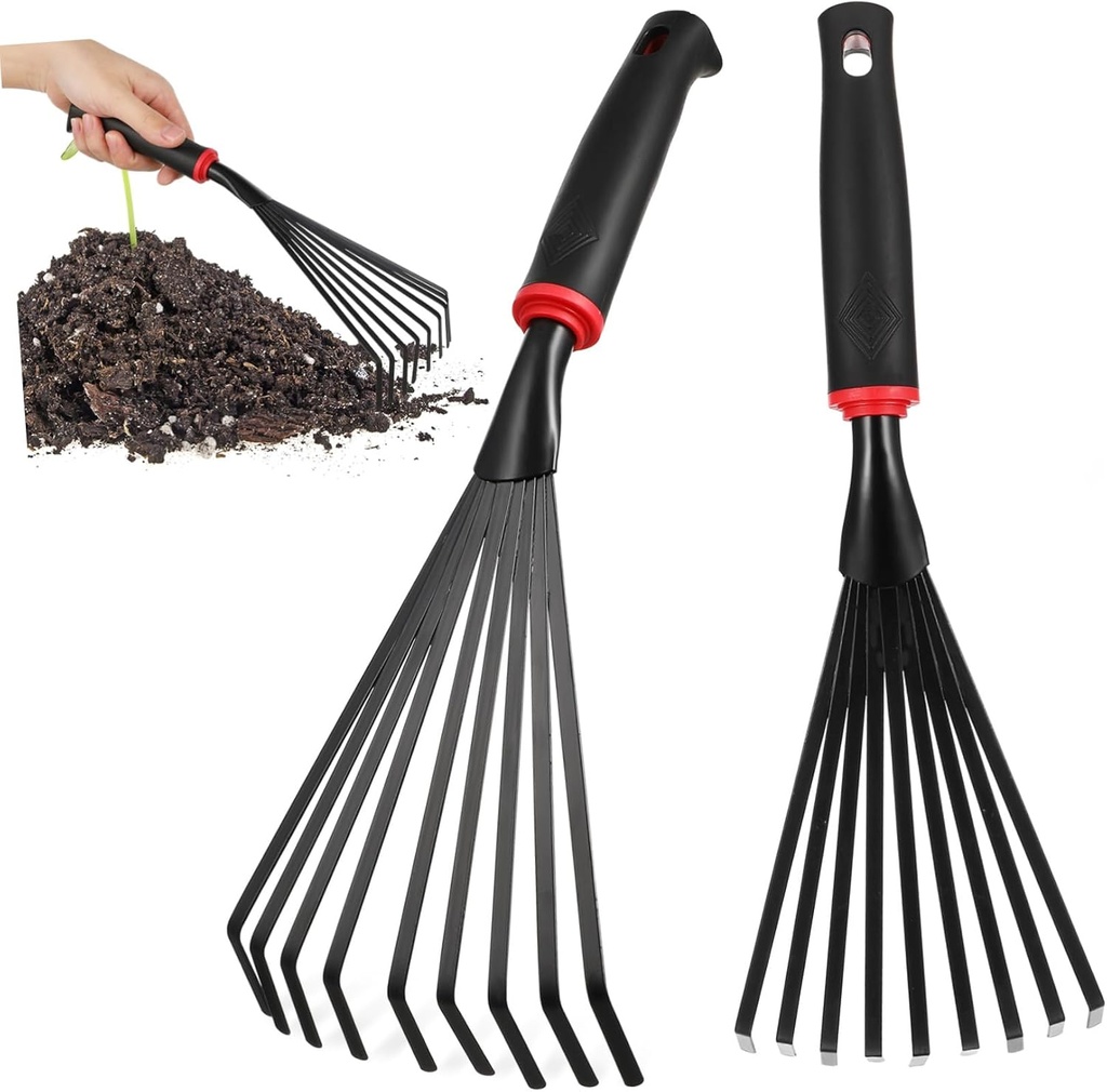 2pcs Small Hand Rakes Short Handles Metal Gardening Tools for Efficient Soil Cultivation and Leaf Removal Gardens and Yards
