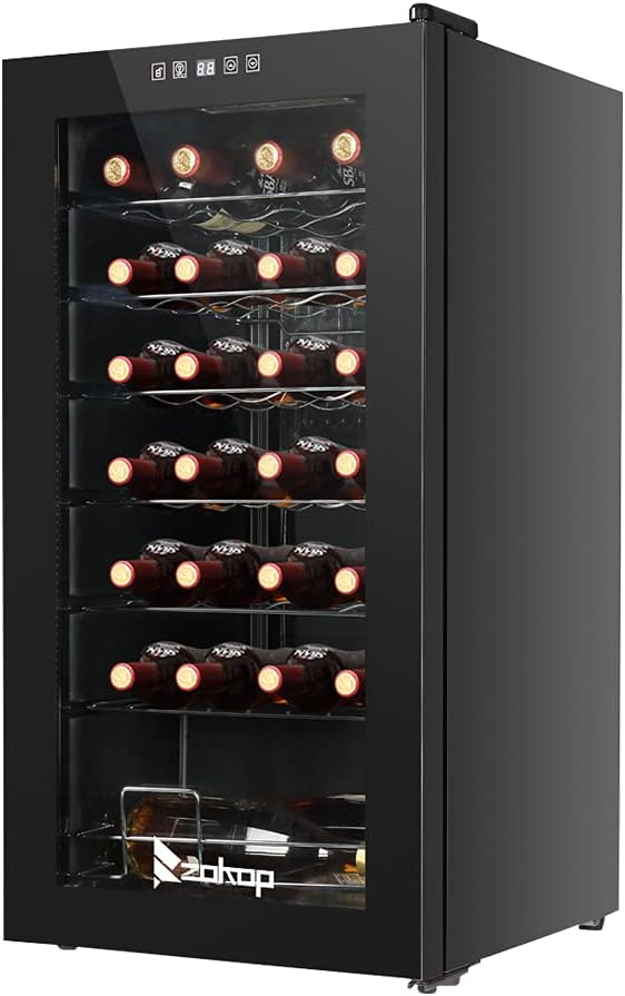 28 Bottle Compressor Wine Cooler Refrigerator w/Lock,Large Freestanding Wine Cellar For Red, White, Champagne or Sparkling Wine, 41f-64f Digital Temperature Control Fridge Glass Door Black (28 Bottle/2.8cu.ft)