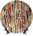 XISUNYA 6 Inch Decorative Plate, Rustic Porcelain Plate, Vertical Striped Timber Design with Various Star Figures Print Ceramic Wall Hanging for Home Office Party Dinner Table Decor, Multi
