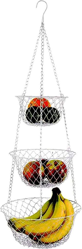 3 Tier Fruit Basket Hanging Vegetable Kitchen Storage Basket, Folding Metal Chain Hanging Space Saving Rustic Country Style Chicken Wire Fruits, Produce, Plants Storage Basket (Silver)