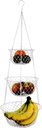 3 Tier Fruit Basket Hanging Vegetable Kitchen Storage Basket, Folding Metal Chain Hanging Space Saving Rustic Country Style Chicken Wire Fruits, Produce, Plants Storage Basket (Silver)