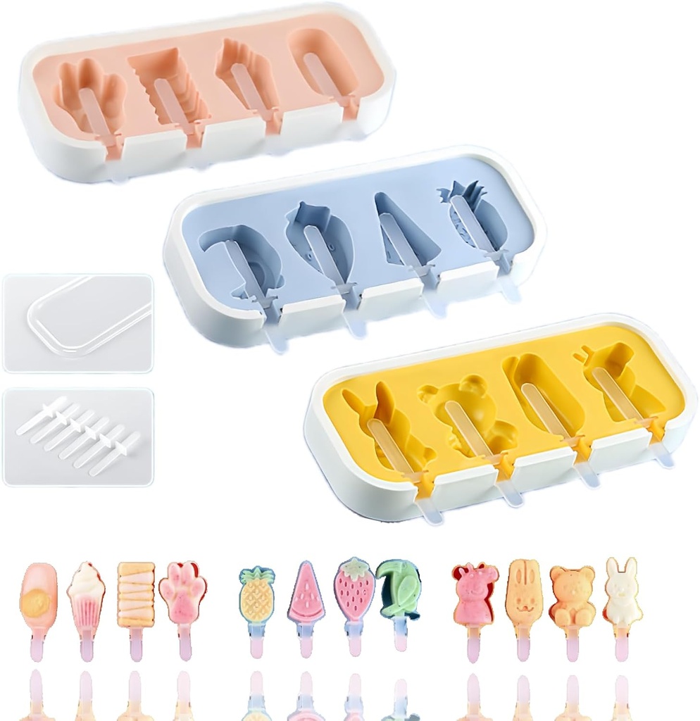 Cartoon Shape Popsicles Molds 3Pcs Cute Ice Cream Mold Maker Easy-Release Homemade Ice Pop Tray Silicone with Lid & Stick (Ice Cream+Fruit+Cartoon)…