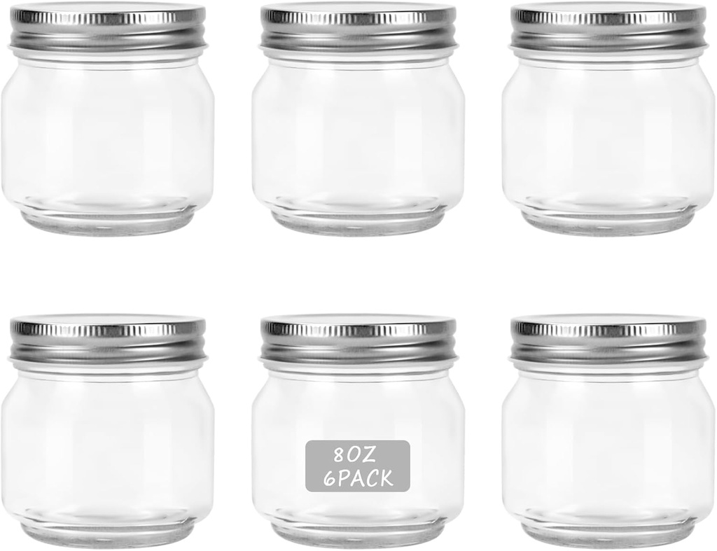 HOXHA Glass Regular Mouth Mason Jars, Clear Glass Jars with Lids for Sealing, Canning Jars for Food Storage, Overnight Oats, Dry Food, Snacks, Candies, Jam, Honey (6 Pack 8 oz Glass Mason Jar)