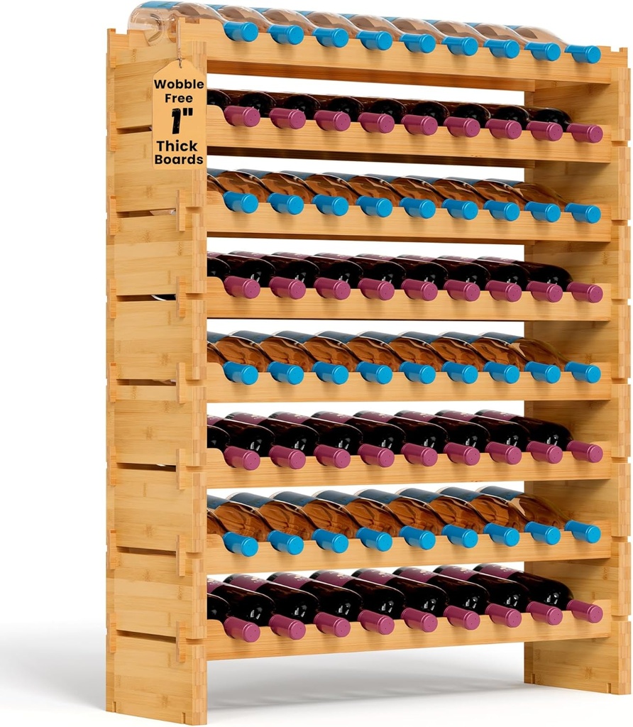 NutriChef 72 Bottle Wine Rack Stackable Bamboo Freestanding, 8-Tier Modular Shelf, Sturdy Wobble Free, Upgraded 2026 Design, Easy No-Tool Assembly for Kitchen, Cellar or Bar Storage 33.5" x 10" x 41"