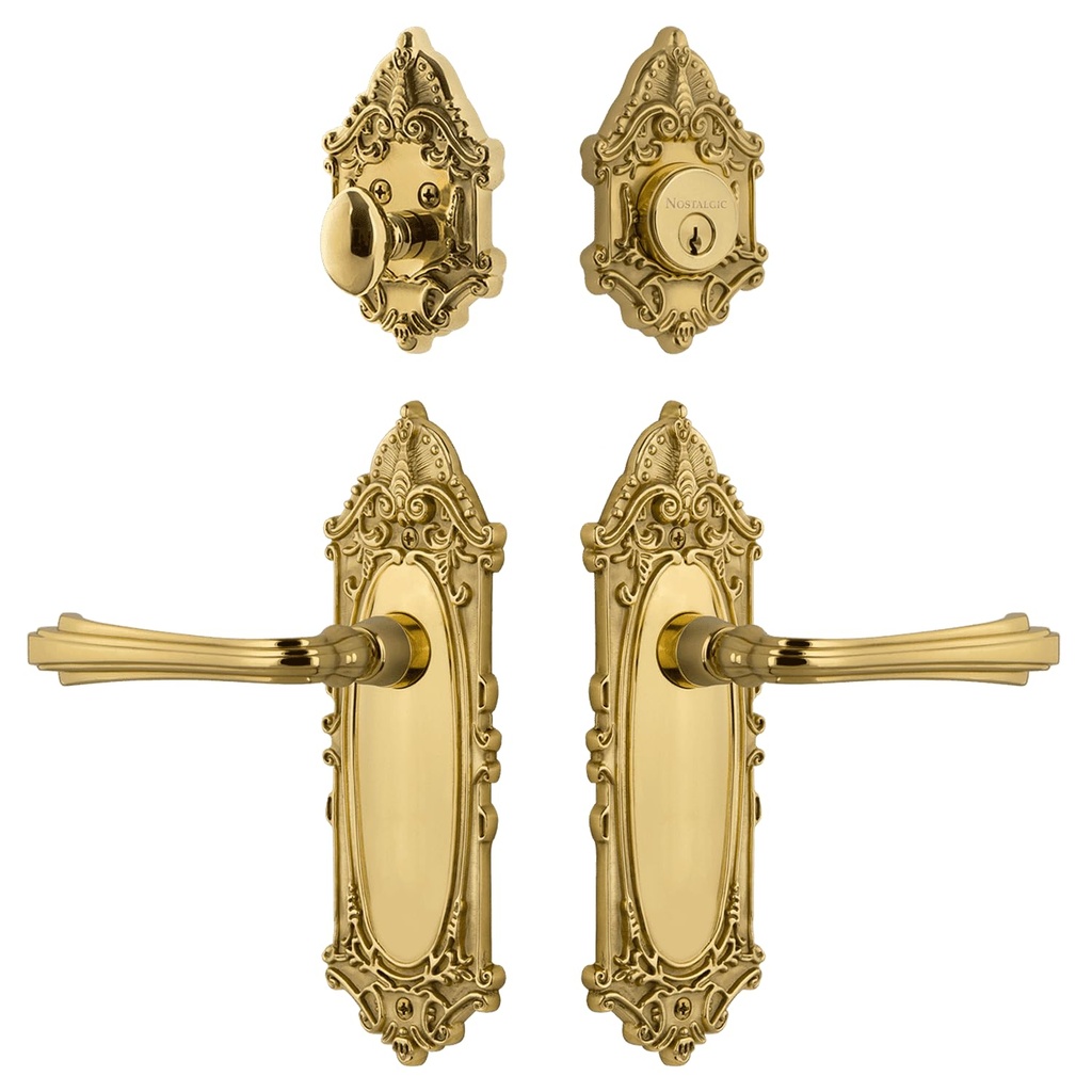 Nostalgic Warehouse Victorian Entry Set with Fleur Lever in Polished Brass-2 3/8" Backset-Right Handed