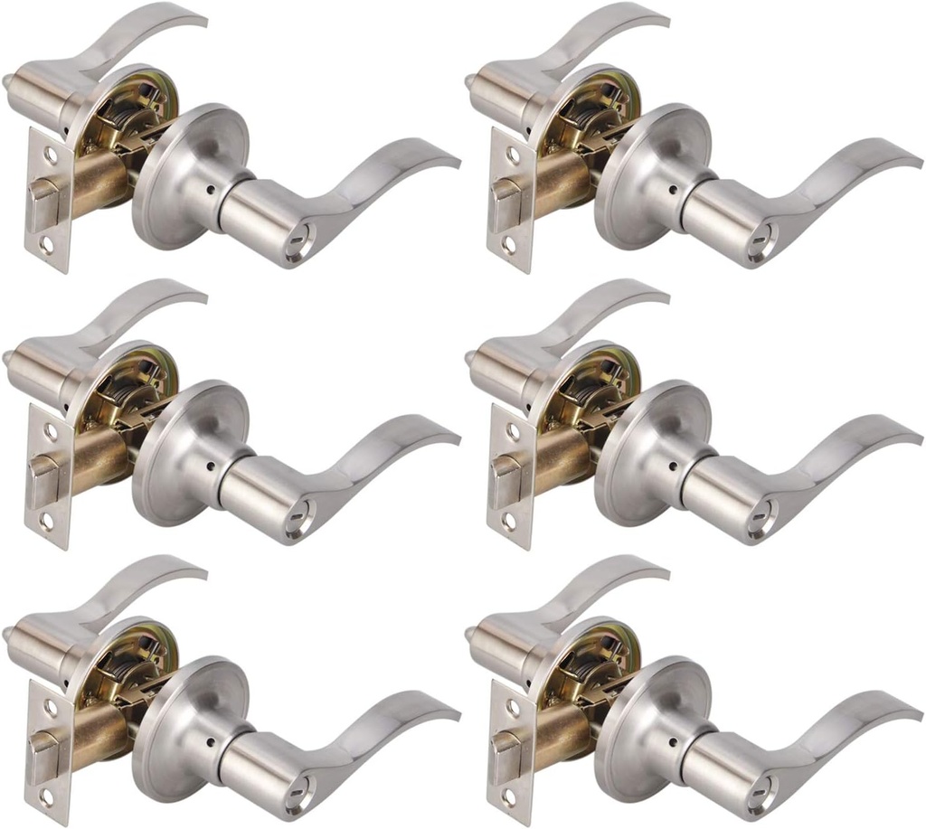TMC Bed/Bath Room Door Lever for Privacy Bathroom and Interior Door Heavy Duty Door Lock Handle Brushed Nickel Finish, TL001-SN-BK-6P