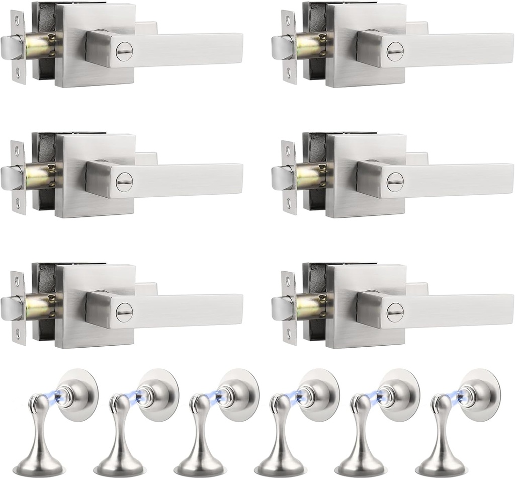 Probrico Square Privacy Door Levers and Brushed Nickel Magnetic Door Stoppers