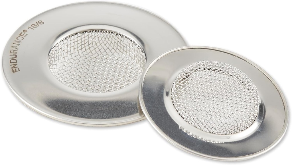 RSVP International Stainless Steel Kitchen Sink Strainer, Food Scrap Trap, Dishwasher Safe, Stainless Steel, Strainer Set of 2 Assorted