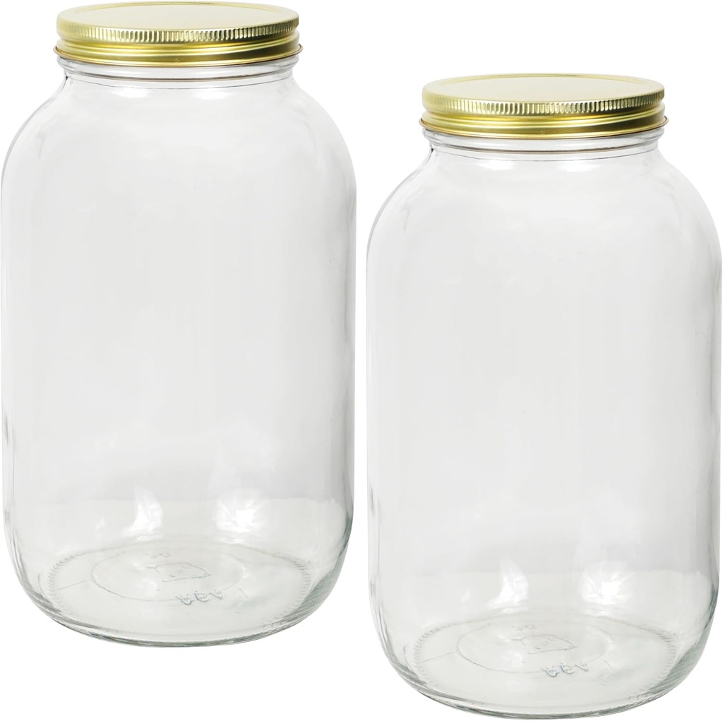 64 Ounce Glass Jar with Gold Metal Airtight Lid (Pack of 2), Glass Canister for Kitchen Storage & Canning for Herbs, Jelly, Jams, and Spices