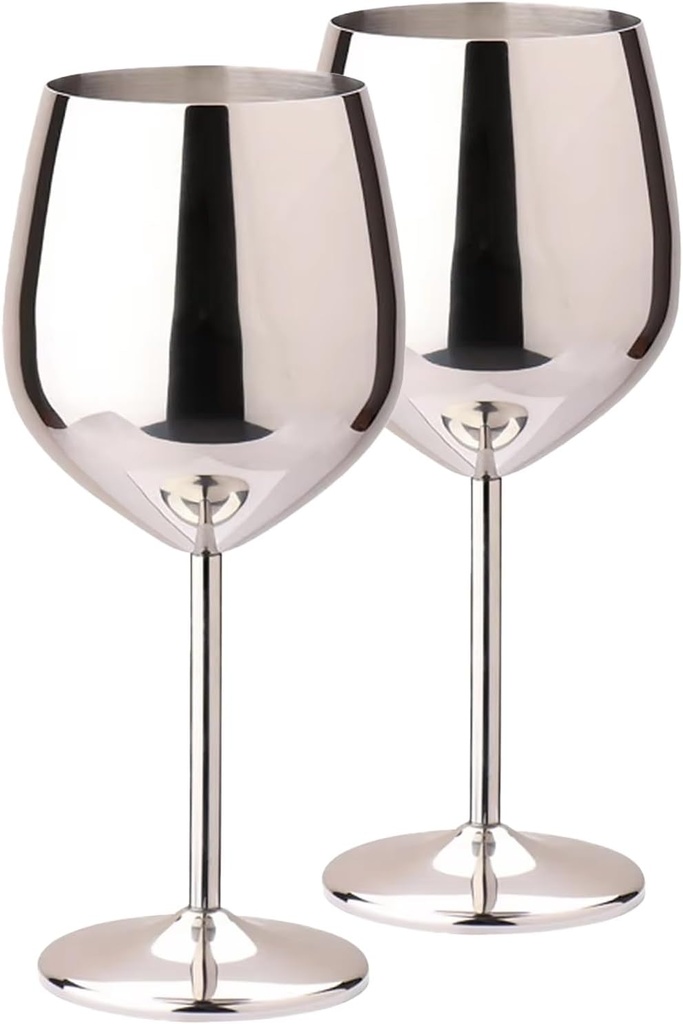 TJ Wine Glasses Stainless Steel Set of 2, Unbreakable Wine Glass 17oz, Wine Accessories Cool Wine Glass, Wine Goblets for Outdoor, Travel, House Warming, Valentines, Anniversary, Silver