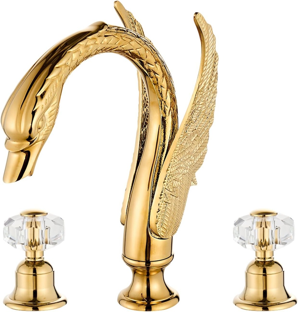 Golden Ornate Swan Style Bathroom Sink Faucet Combo Deck Mount Sink Mixer Tap Set Hot Cold Water