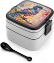 Ink Style Bird Bento Box - Double Layer, Leakproof Food Containers with Partition & Spoon, Stackable Lunch Box for Office, Travel, Camping