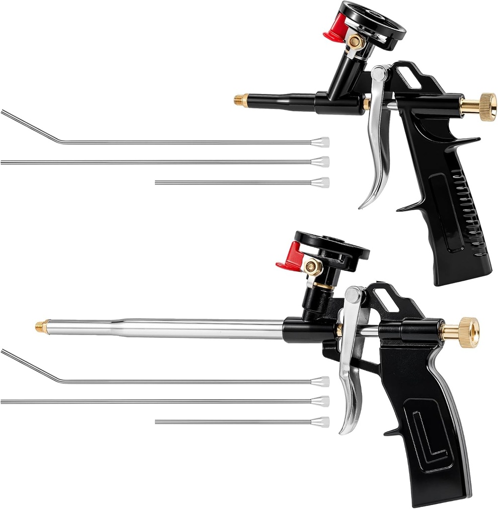 2 pieces professional foam spray guns+6 stainless steel nozzles,PU Insulating Applicator Heavy Duty Metal Body Dispensing Foam Gun Suitable for Caulking, Filling, Sealing（1 long1 short 6nozzles）