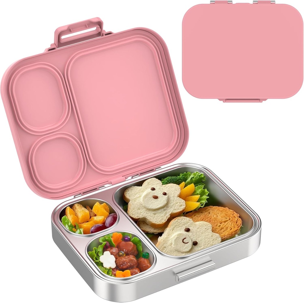 Stainless Steel Lunch Box, Leak-Proof with free sealing Bento Box 3 Compartments, Metal Lunchbox for Travel & Work, Eco-Friendly Meal Storage Solution Pink