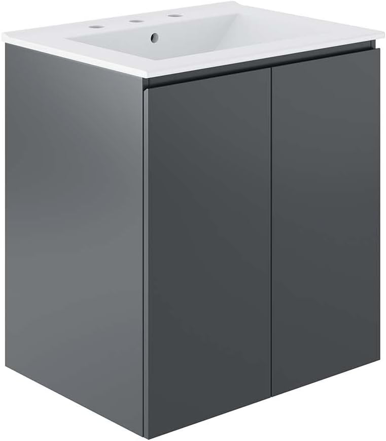 Modway Bryn Wall-Mount Bathroom Vanity, 24 Inch, Gray White